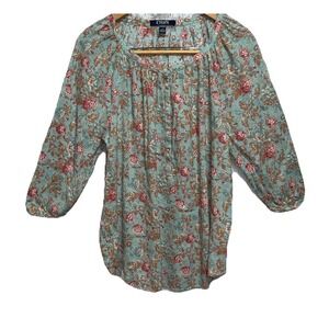 Chaps Women's Floral 3/4 Sleeve Button Gauzy Peasant Top Multicolor Size L